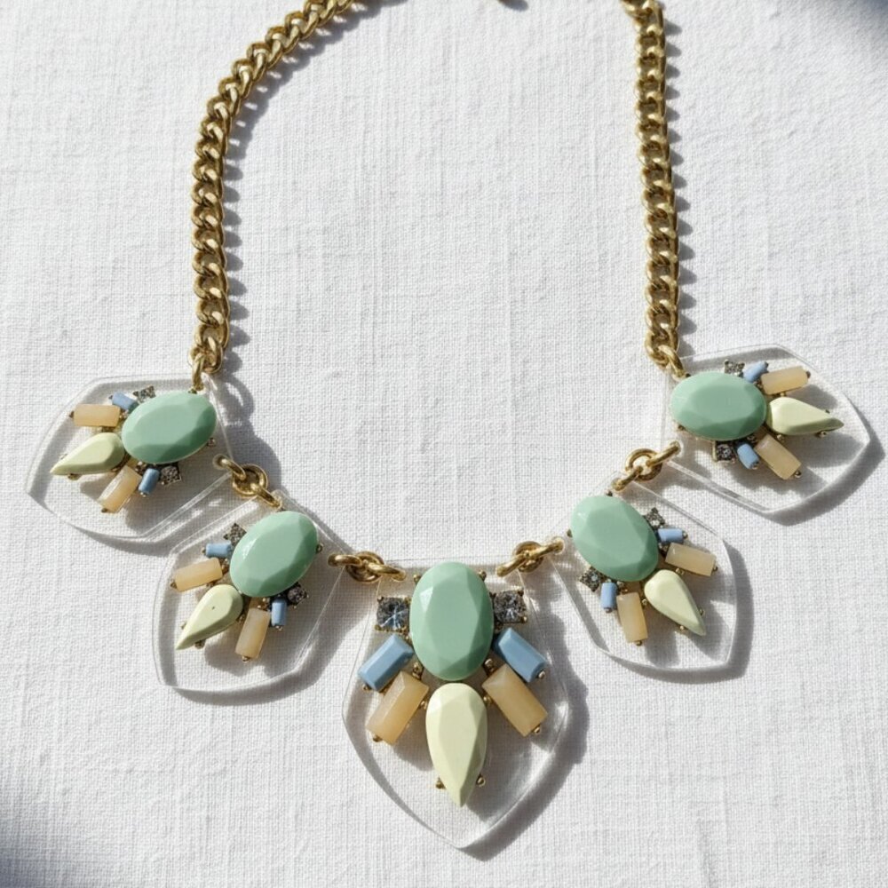 J Crew Goldtone Necklace Sage Green Baby Blue Clear Acrylic transparent